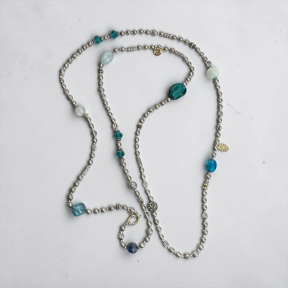 Chico's 56" Long Beaded Necklace Silver Tone Teal Blue Green Mixed Bead